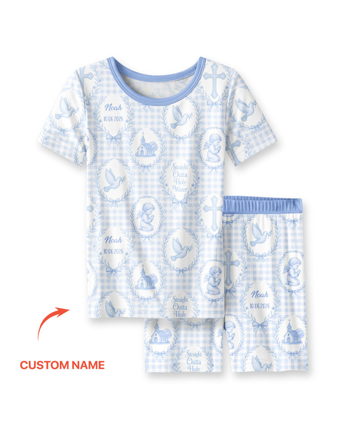 Custom Name Baptism Straight Outta Holy Water Bamboo Two Piece Short Sleeve Shorts Pajama Set