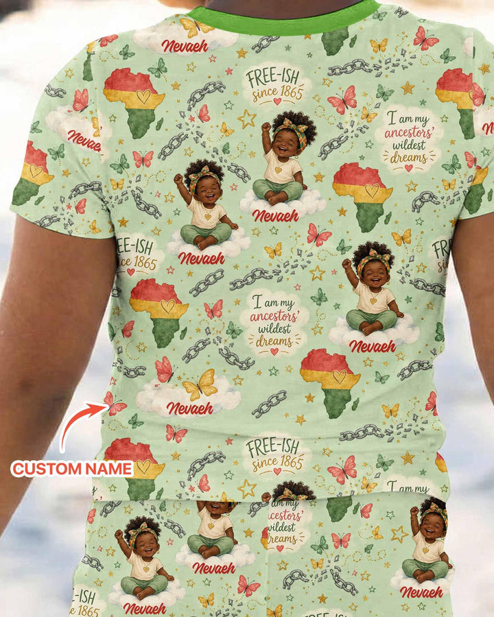 Custom Name Juneteenth I Am My Ancestors' Wildest Dream Bamboo Two Piece Short Sleeve Pajama Set