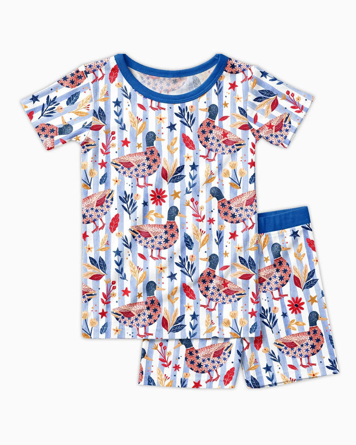Patriotic Mallard Duck Bamboo Two Piece Short Sleeve Shorts Pajama Set
