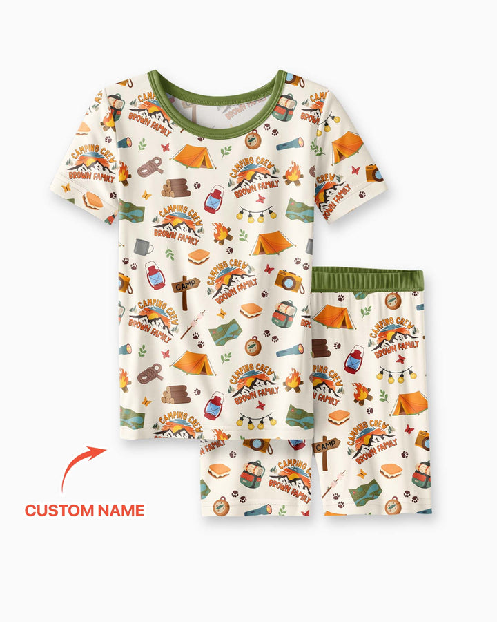 Custom Name Camping Crew Family Matching Bamboo Two Piece Short Sleeve Shorts Pajama Set