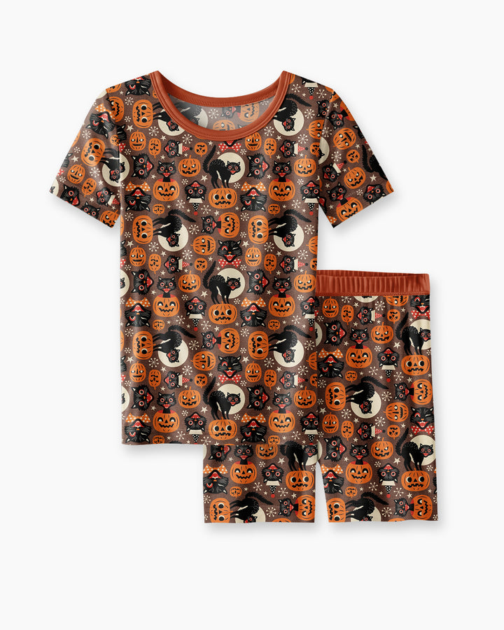 Vintage Halloween Black Cat Pumpkin Bamboo Two Piece Short Sleeve Shorts Pajama Set