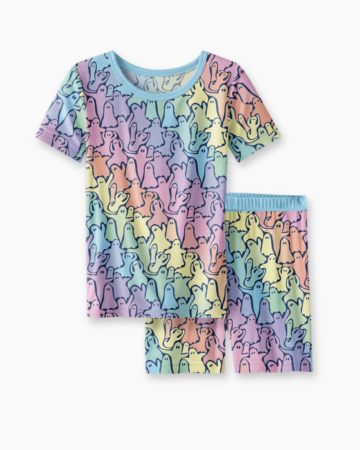 Pastel Rainbow Ghost Halloween Bamboo Two Piece Short Sleeve Shorts Pajama Set
