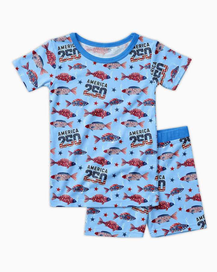 Stars and Stripes Fish Bamboo Two Piece Short Sleeve Shorts Pajama Set