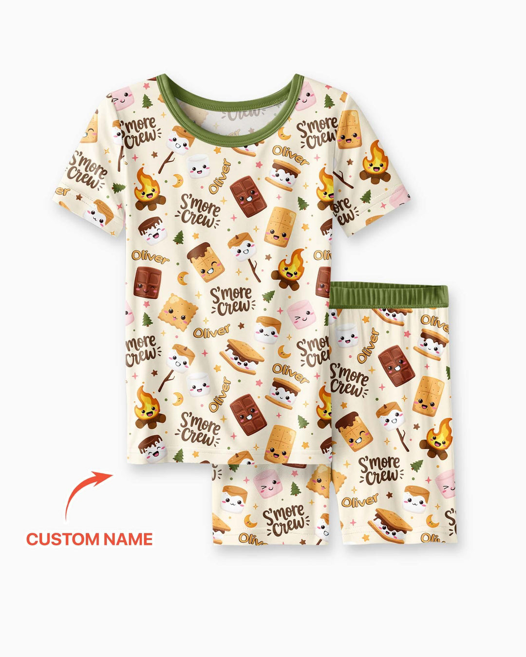 Custom Name Kawaii S'more Crew Family Matching Bamboo Two Piece Short Sleeve Shorts Pajama Set
