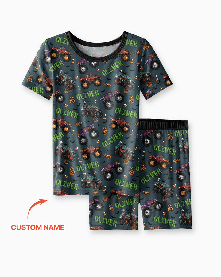 Custom Name Haunted Monster Trucks  Bamboo Two Piece Short Sleeve Shorts Pajama Set