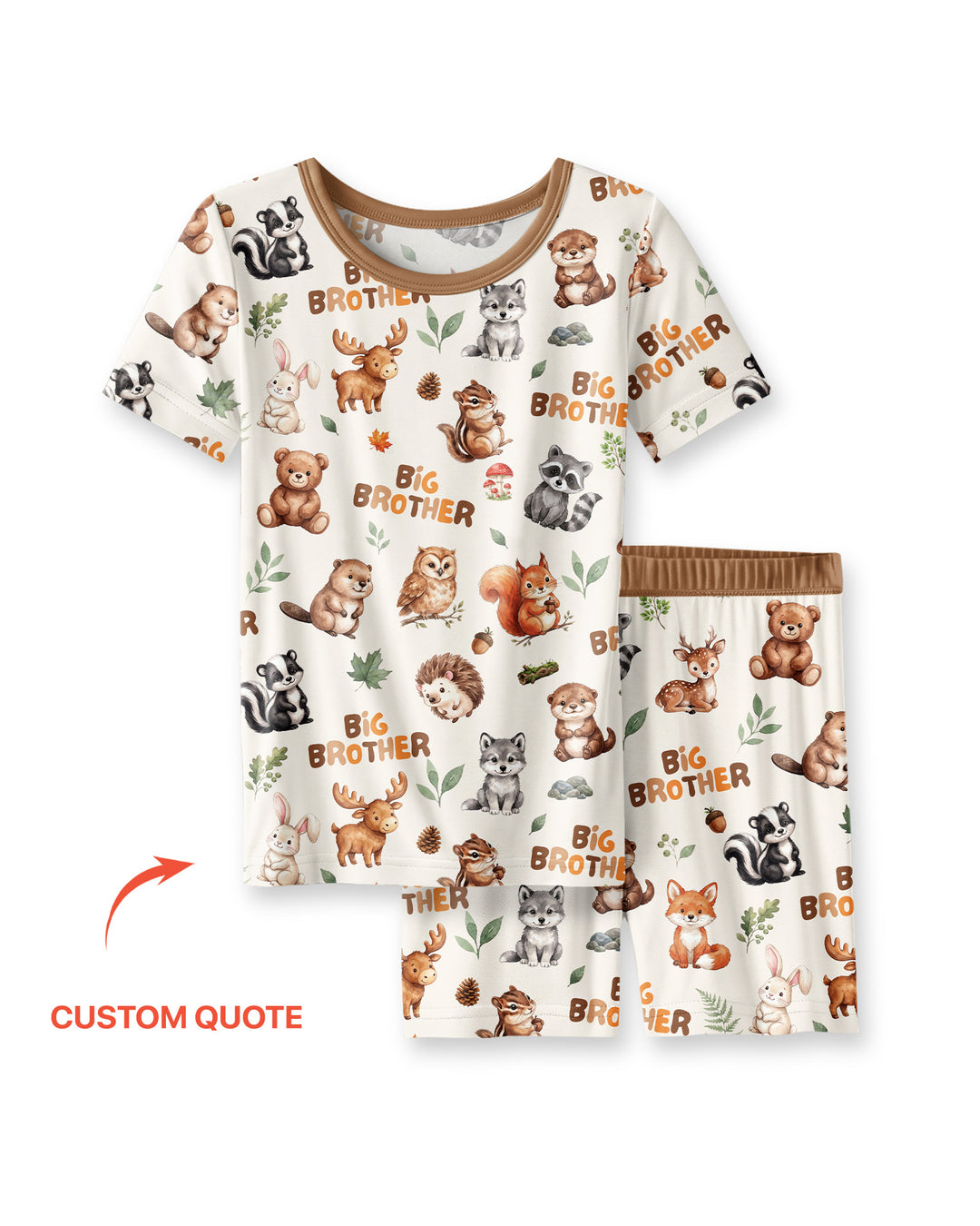 Custom Quote Woodland Animal Matching Sibling Bamboo Two Piece Short Sleeve Shorts Pajama Set