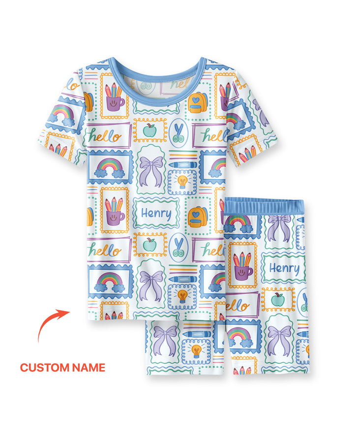 Custom Name Hello School Bamboo Two Piece Short Sleeve Shorts Pajama Set