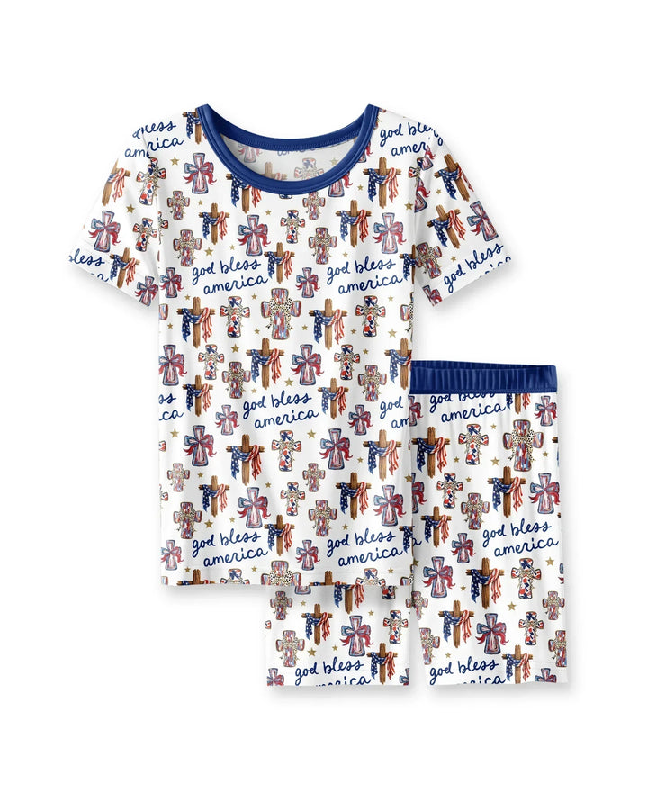 God Bless America Family Matching Bamboo Two Piece Short Sleeve Shorts Pajama Set