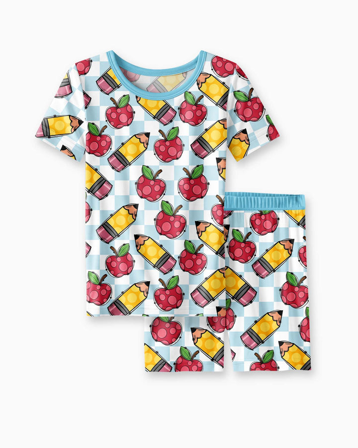 Checkered Apple Scribbles Bamboo Two Piece Short Sleeve Shorts Pajama Set