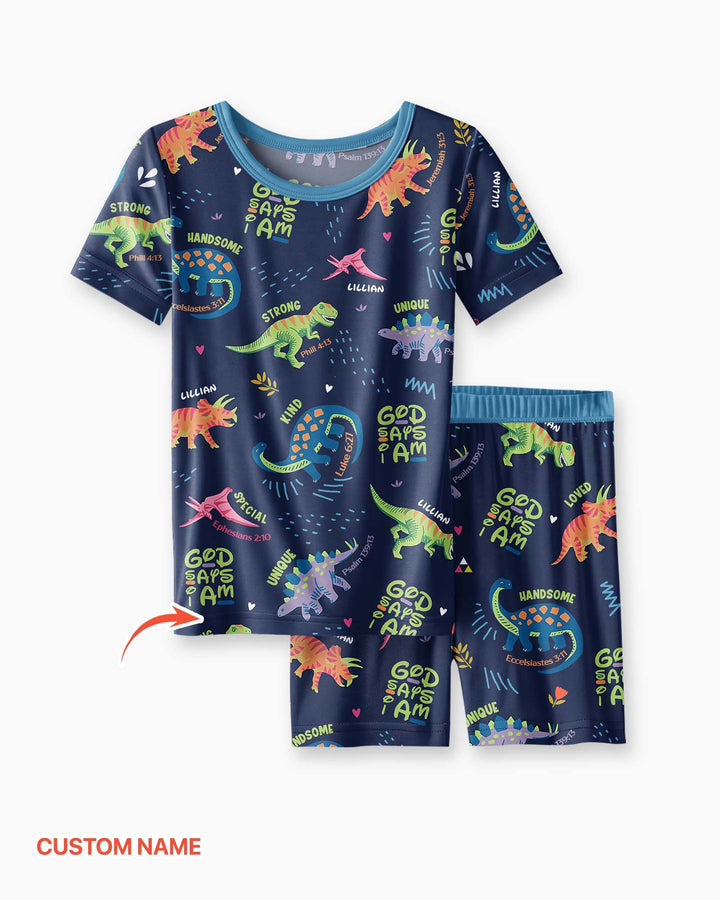 Custom Name God says I am Dinosaur Bamboo Two Piece Short Sleeve Shorts Pyjamas Set