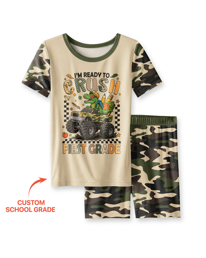 Back To School Monster Truck Dino Bamboo Two Piece Short Sleeve Shorts Pajama Set