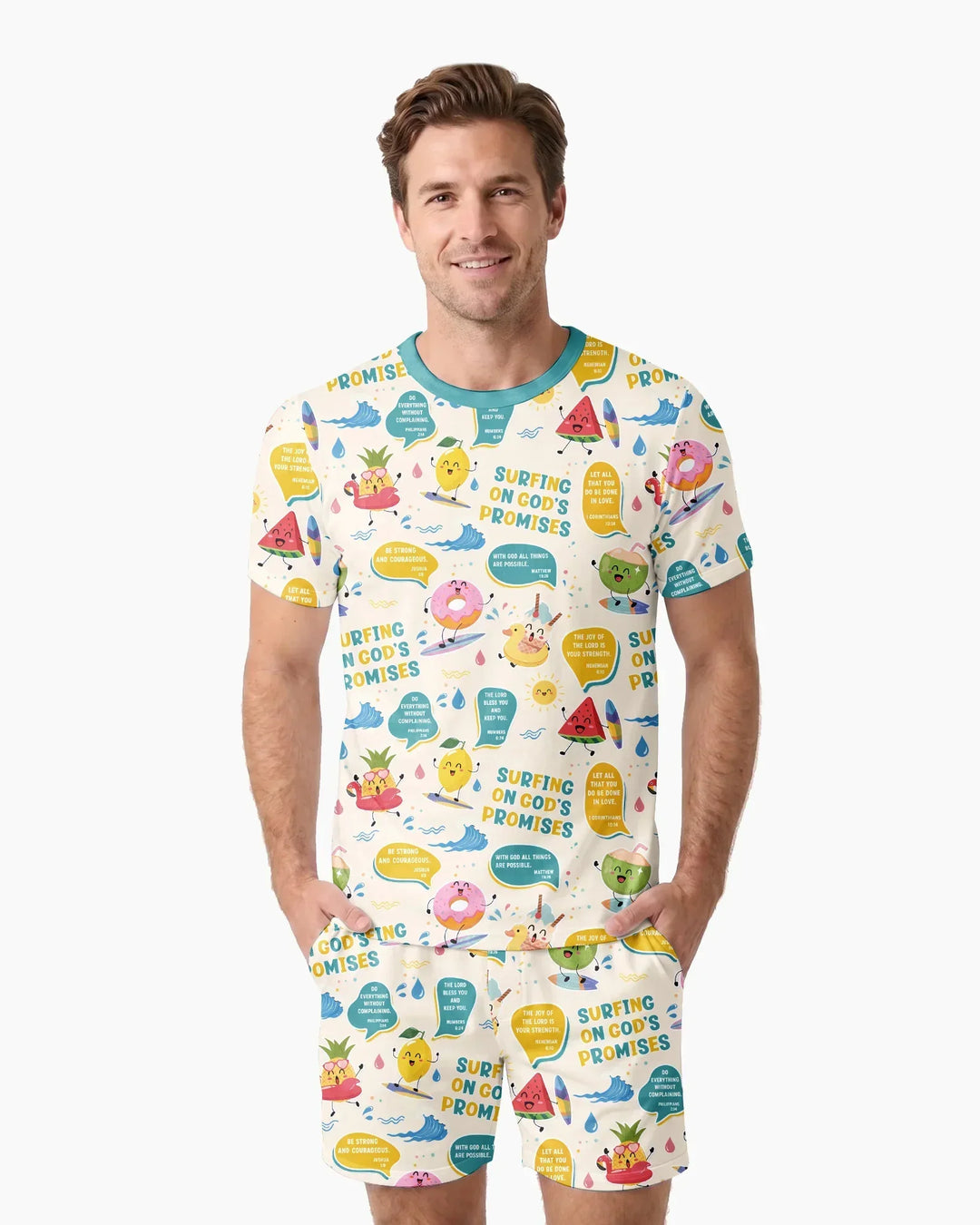 Summer Fruits Surfing On God's Promises Bamboo Men Short Sleeve Short Pajama Set