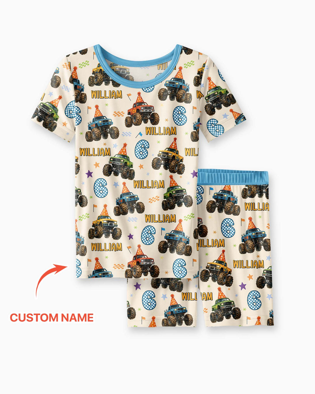 Custom Name Birthday Boy Monster Truck Bamboo Two Piece Short Sleeve Shorts Pajama Set