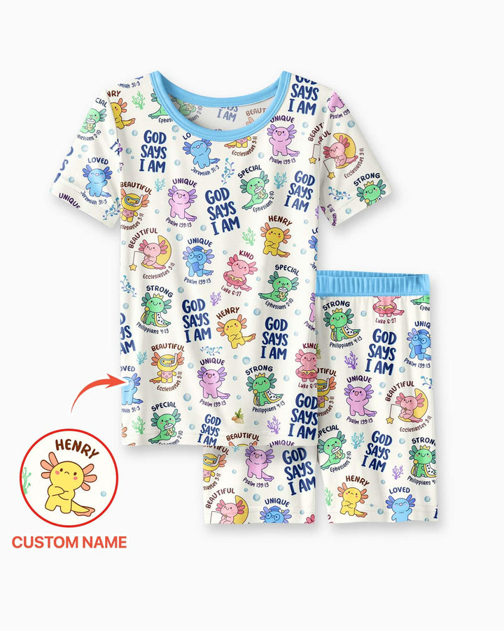Axolotl God Says I Am Custom Name Bamboo Two Piece Short Sleeve Shorts Pajama Set