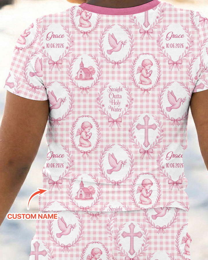 Custom Name Baptism Straight Outta Holy Water Bamboo Two Piece Short Sleeve Pajama Set