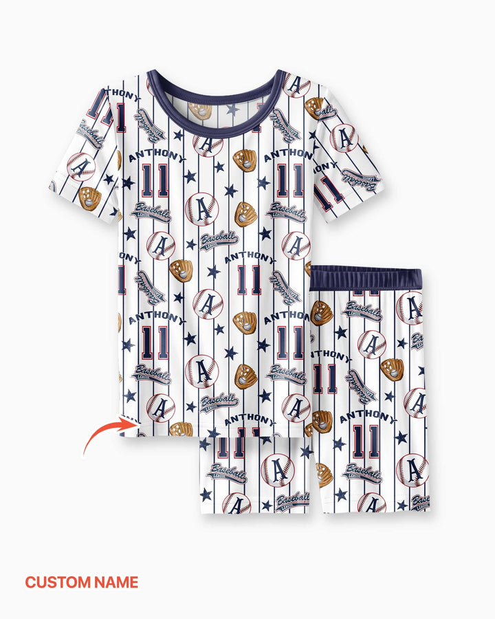 Custom Name Baseball Time Bamboo Two Piece Short Sleeve Shorts Pajama Set