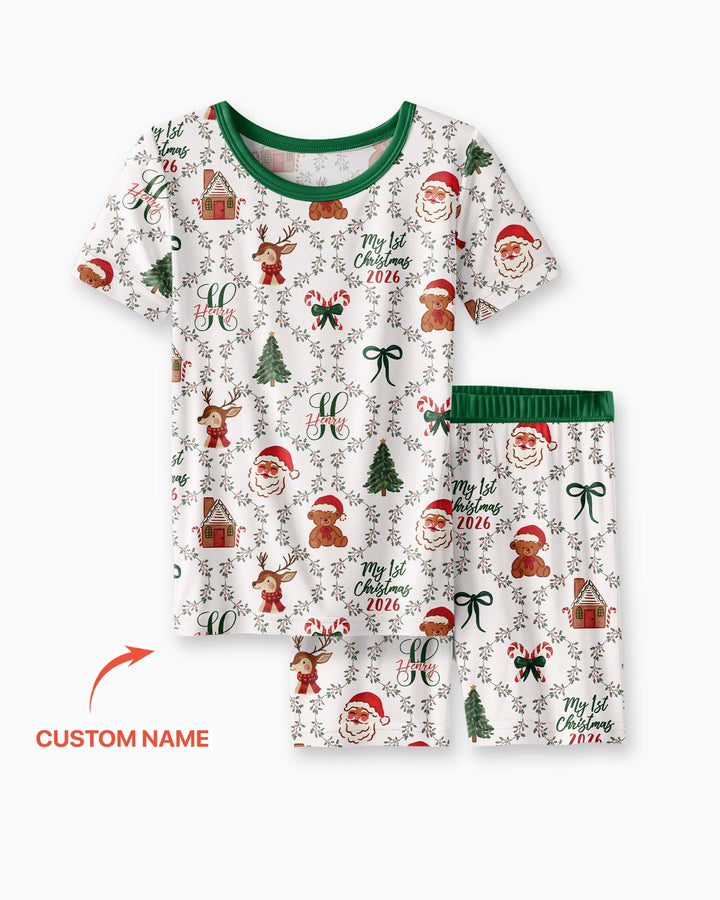 Custom name "Fancy Monogram Green Christmas 2026" Bamboo Two Piece Short Sleeve Shorts Pajama Set
