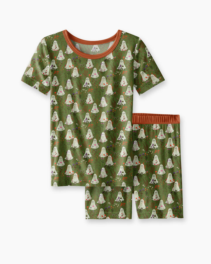 Cute Ghost Halloween Moss Green Floral Bamboo Two Piece Short Sleeve Shorts Pajama Set