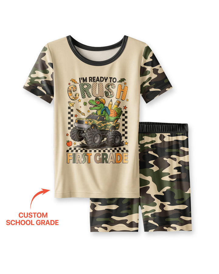 Back To School Monster Truck Dino Bamboo Two Piece Short Sleeve Shorts Pajama Set