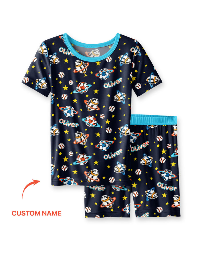 Custom Name Space Sport Bamboo Two Piece Short Sleeve Shorts Pajama Set
