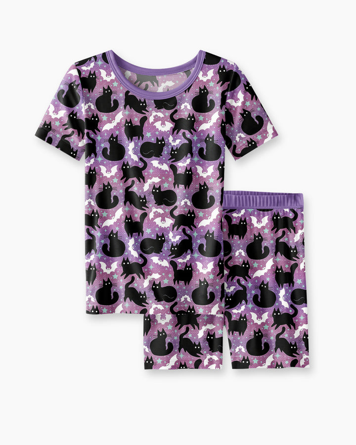 Spooky Black Cat Halloween Purple Bats Bamboo Two Piece Short Sleeve Shorts Pajama Set
