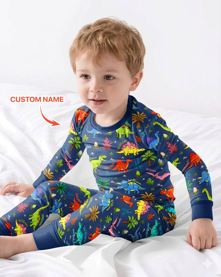 Dino Field Guide Custom Name Bamboo Two Piece Long Sleeve Pajama Set
