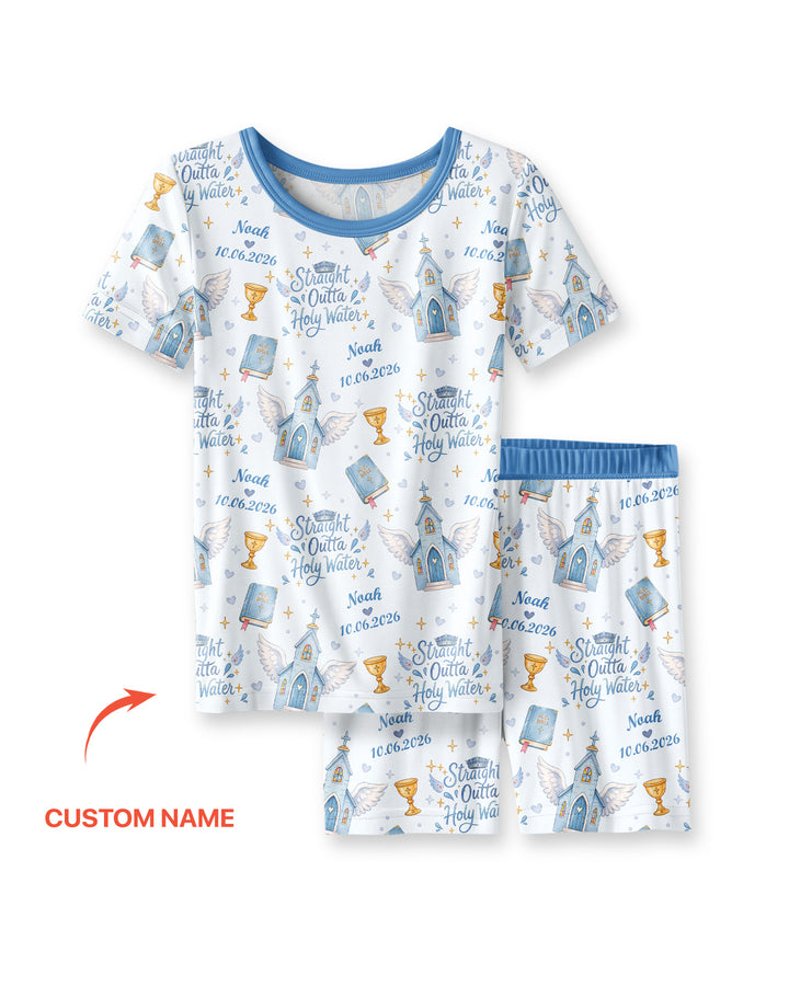 Custom Name Baptism Christening Straight Outta Holy Water Bamboo Two Piece Short Sleeve Shorts Pajama Set