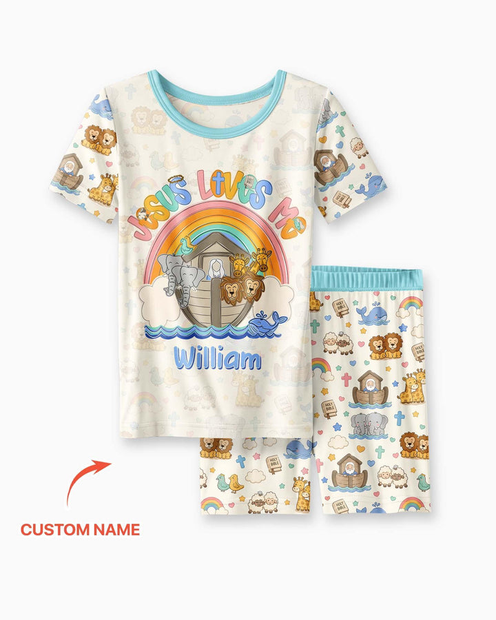 Custom Name Noah's Ark Jesus Loves Me Bamboo Two Piece Short Sleeve Shorts Pajama Set