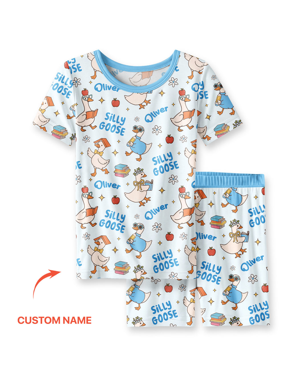 Custom Name Silly Goose Back to School Bamboo Two Piece Short Sleeve Shorts Pajama Set