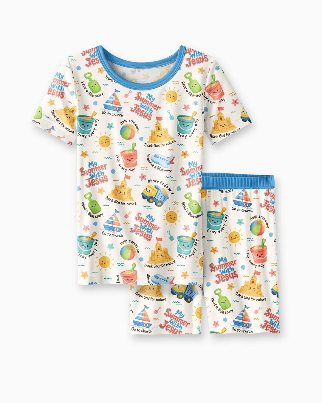 Colorful Summer Beach With Jesus Bamboo Two Piece Short Sleeve Shorts Pajama Set