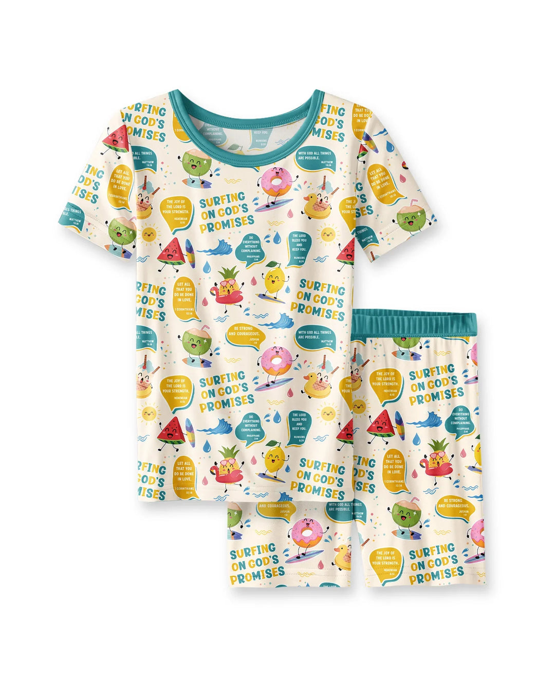 Summer Fruits Surfing On God's Promises Bamboo Two Piece Short Sleeve Shorts Pajama Set