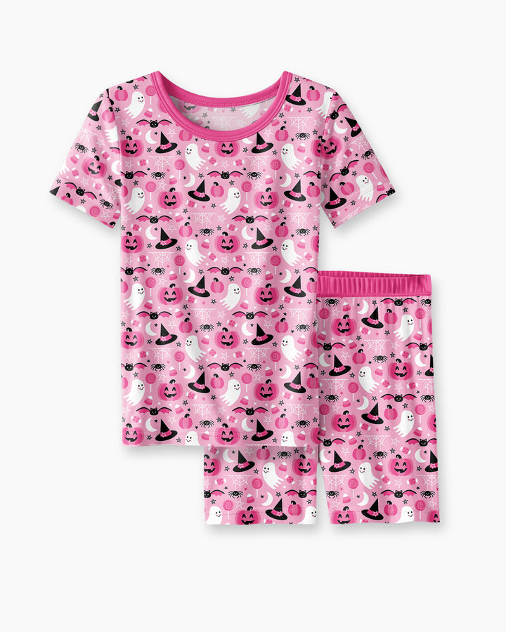 Cute Pink Halloween Ghost Pumpkin Witch Bamboo Two Piece Short Sleeve Shorts Pajama Set