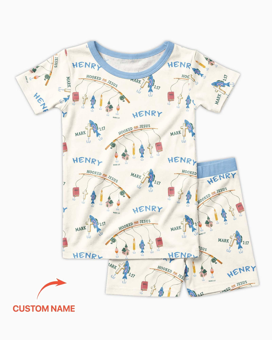 Hooked On Jesus Fishing Matching Bamboo Two Piece Short Sleeve Shorts Pajama Set