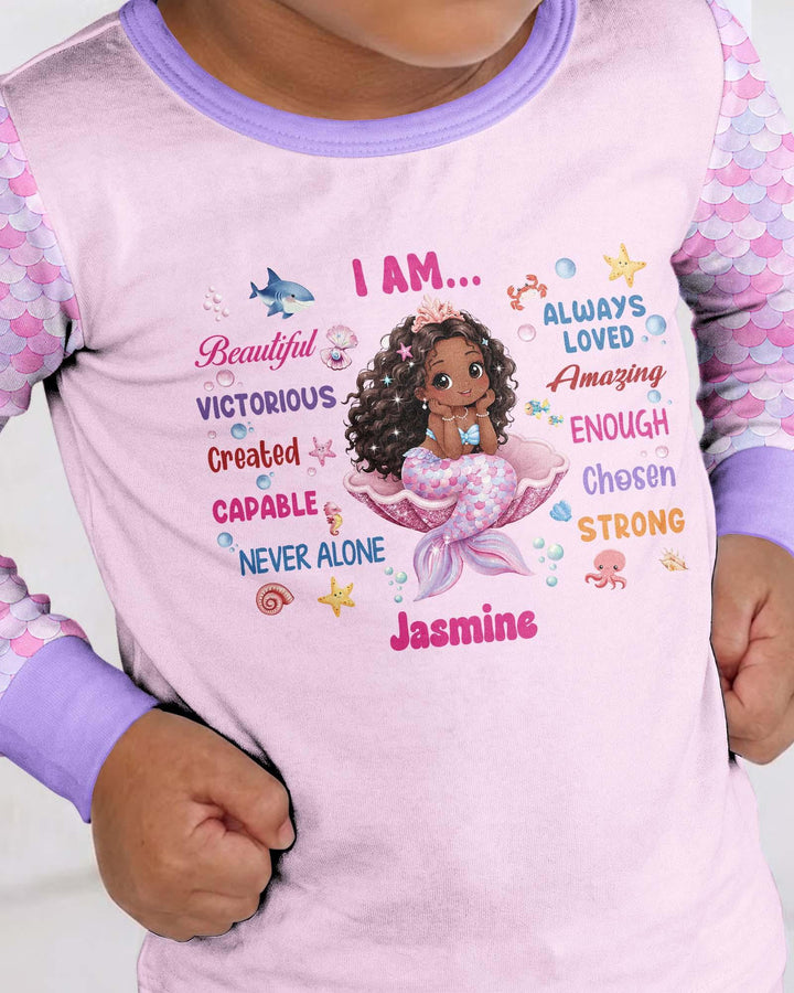 Custom Name Black Mermaid I Am Beautiful Bamboo Two Piece Long Sleeve Pajama Set