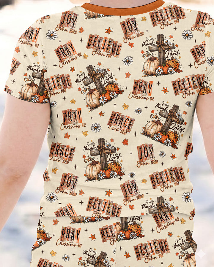 Floral Fall Give Thanks To The Lord Bamboo Two Piece Short Sleeve Pajama Set