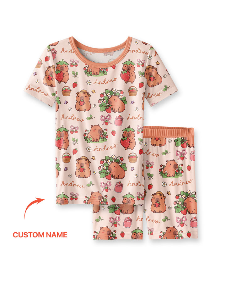 Custom Name Capybara Strawberry Bamboo Two Piece Short Sleeve Shorts Pajama Set