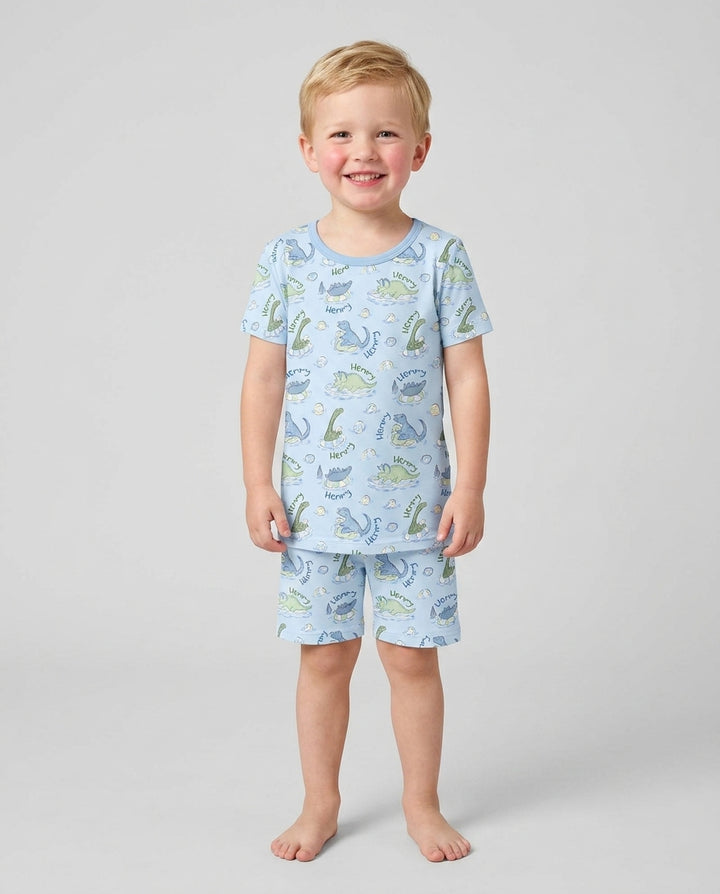 Dinos Swimming Custom Name Bamboo Two Piece Short Sleeve Shorts Pajama Set