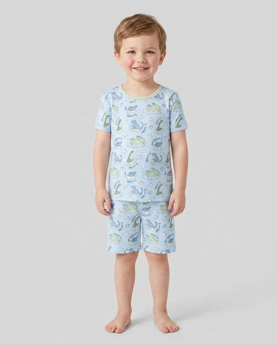 Dinos Swimming Custom Name Bamboo Two Piece Short Sleeve Shorts Pajama Set