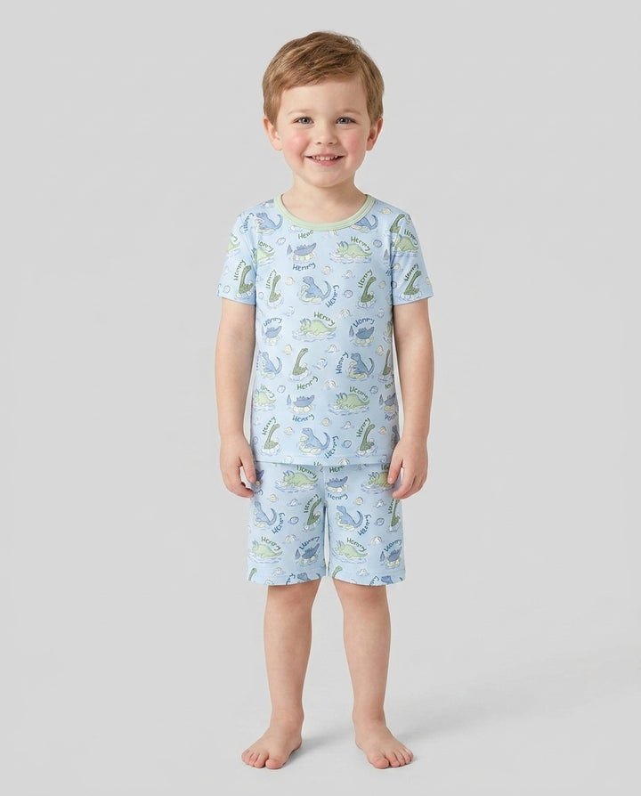 Dinos Swimming Custom Name Bamboo Two Piece Short Sleeve Shorts Pajama Set