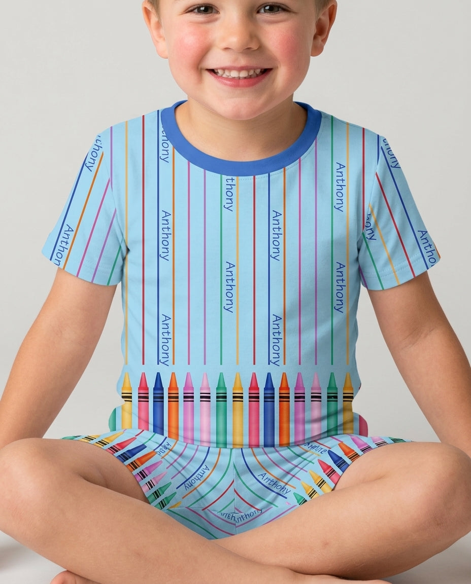 Custom Name Crayon Lines Bamboo Two Piece Short Sleeve Shorts Pajama Set