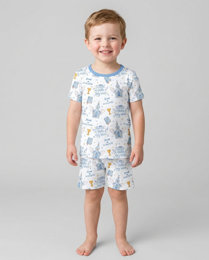 Custom Name Baptism Christening Straight Outta Holy Water Bamboo Two Piece Short Sleeve Shorts Pajama Set