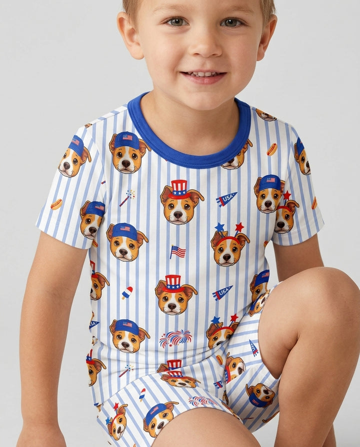 Custom Pet Image 4th of July Family Matching Bamboo Two Piece Short Sleeve Shorts Pajama Set
