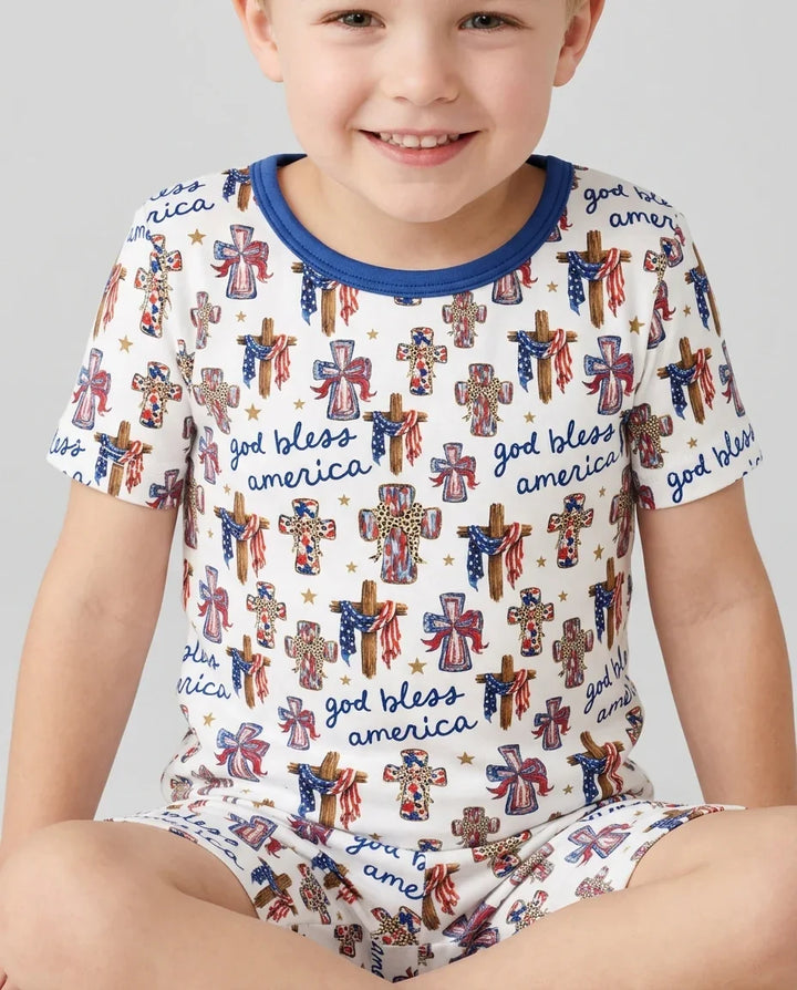 God Bless America Family Matching Bamboo Two Piece Short Sleeve Shorts Pajama Set
