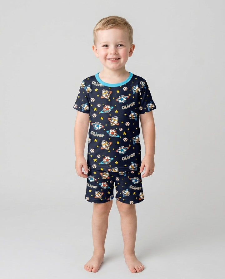 Custom Name Space Sport Bamboo Two Piece Short Sleeve Shorts Pajama Set