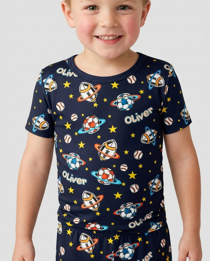 Custom Name Space Sport Bamboo Two Piece Short Sleeve Shorts Pajama Set