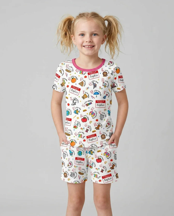 Custom Name Hello School ABCs Bamboo Two Piece Short Sleeve Shorts Pajama Set