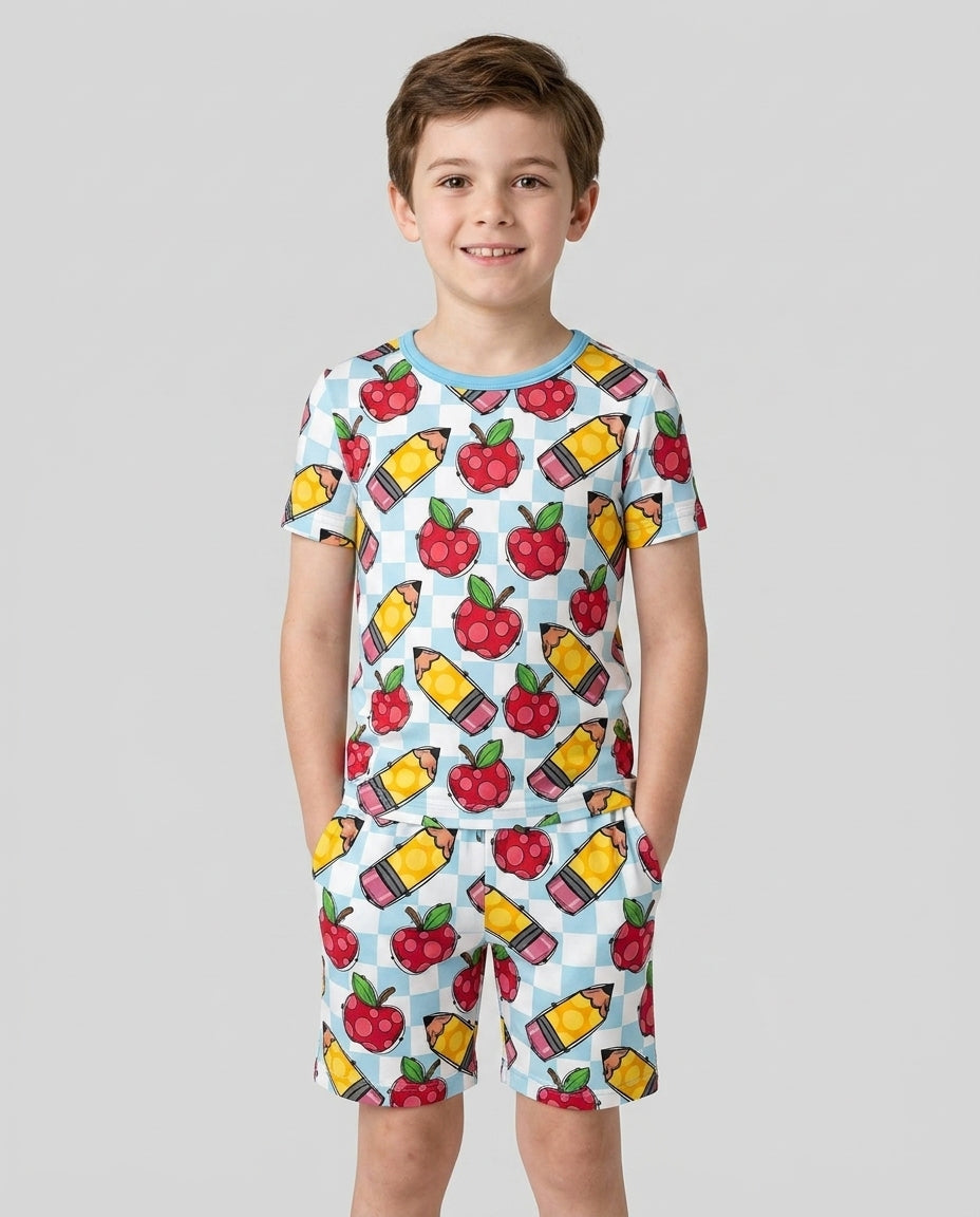 Checkered Apple Scribbles Bamboo Two Piece Short Sleeve Shorts Pajama Set