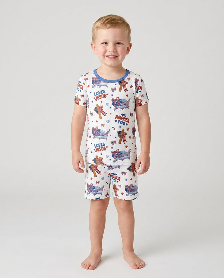 Loves Jesus And America Too Bamboo Two Piece Short Sleeve Shorts Pajama Set