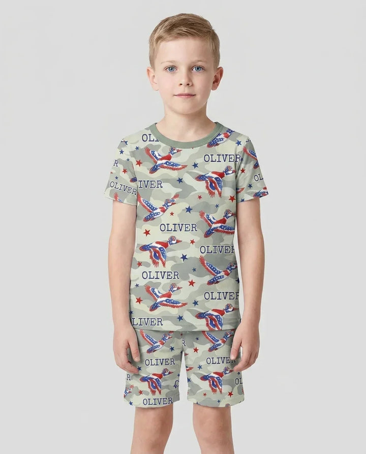 Custom Name America Mallard Duck Family Matching Bamboo Two Piece Short Sleeve Shorts Pajama Set