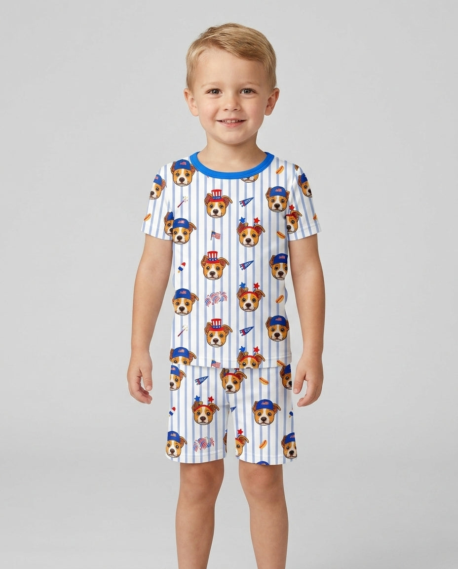 Custom Pet Image 4th of July Family Matching Bamboo Two Piece Short Sleeve Shorts Pajama Set